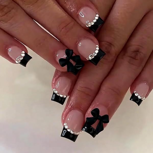 Artificial Nail Set with Elegant Bows and Glitter Decorations Bowlift