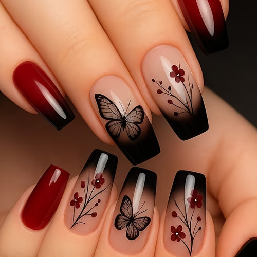 Artificial nails with butterfly and flower motifs Bowlift