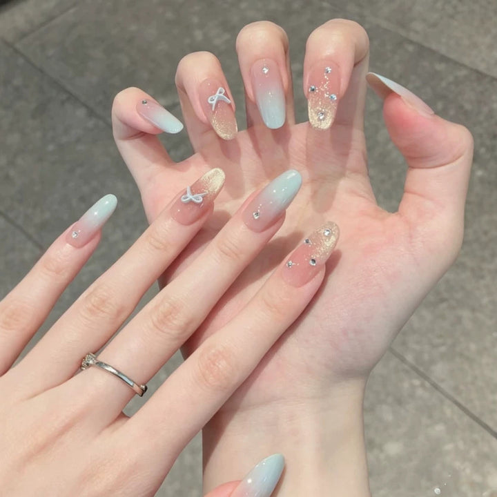 Premium Decorative Press-On Nail Set with Rhinestone Embellishments Bowlift