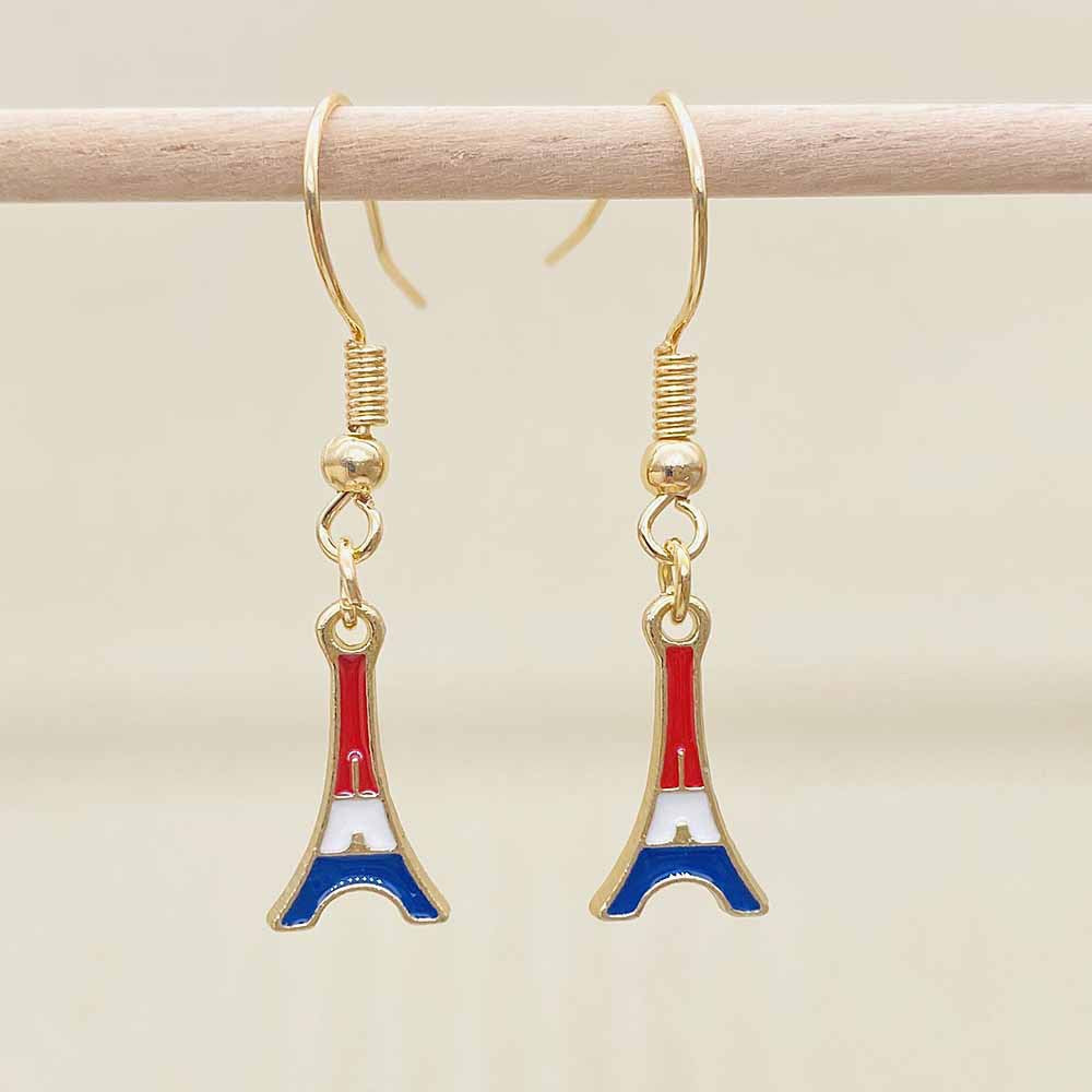 Women's filigree drop earrings with enameled flag pendants and metal hook closure Bowlift