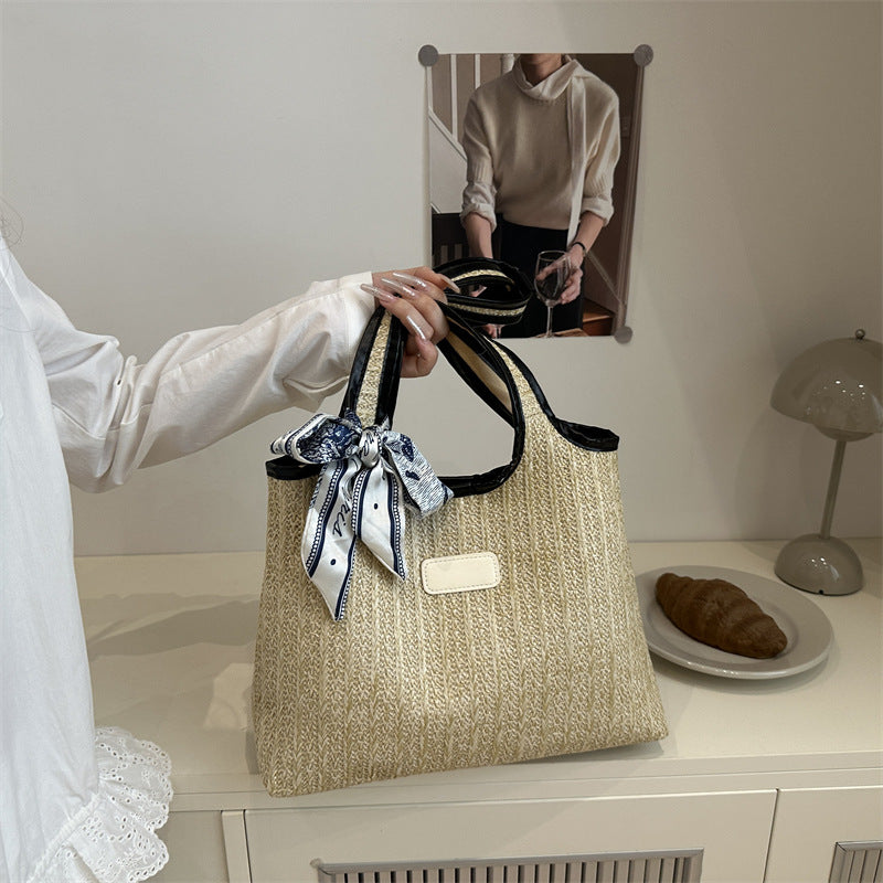 Textured Weave Tote Bag with Elegant Bow Bowlift