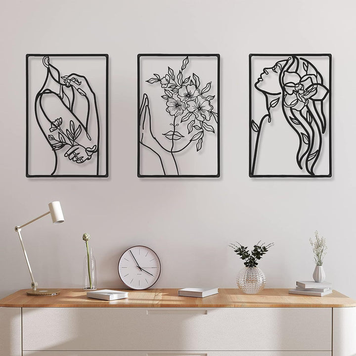 Minimalist Metal Line Art Floral Portrait Triptych Wall Panels Bowlift