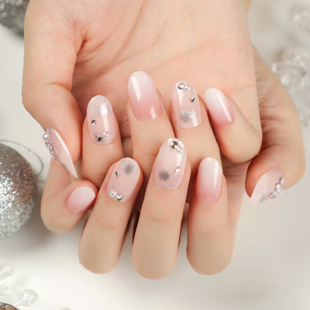 Artistic Gel Nails with Elegant Design and Rhinestone Decorations Bowlift