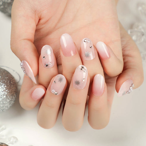 Artistic Gel Nails with Elegant Design and Rhinestone Decorations Bowlift