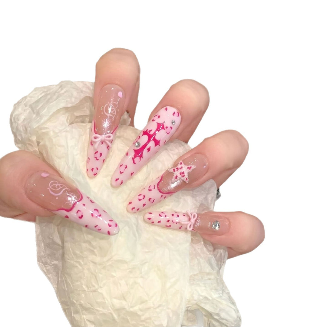Artistic Stiletto Press-On Nail Set with Heart and Bow Design Bowlift