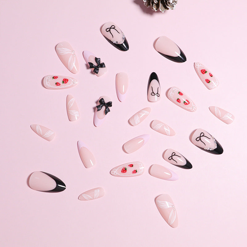 Artistic Press-On Nail Set with Bow and Berry Design Bowlift