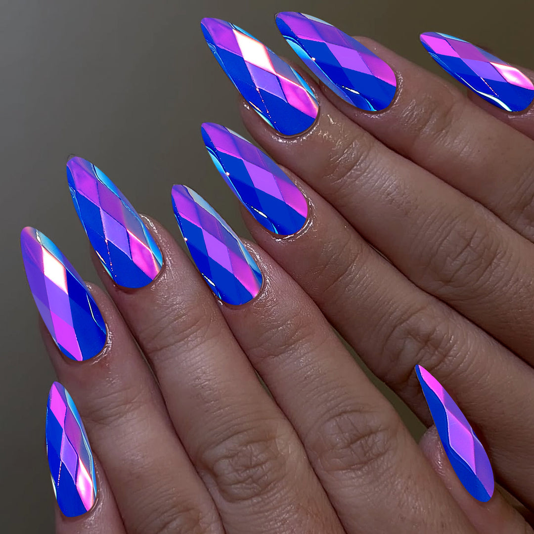 Chic stiletto acrylic nail extensions with holographic diamond design Bowlift