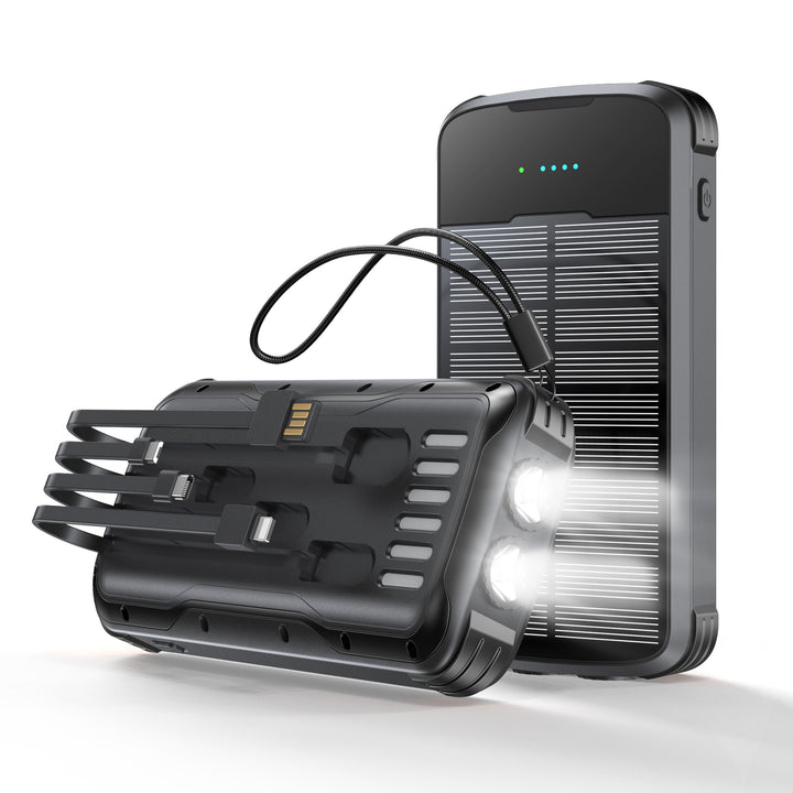 Rugged Portable Solar Power Bank With Integrated Multi-Tip Cables And LED Floodlight Bowlift