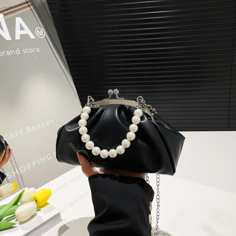 Elegant Clutch Handbag with Pearl Chain Bowlift