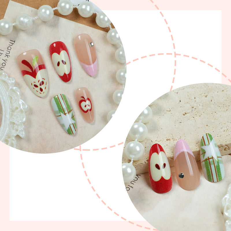 Artificial nail set with cheerful apple and star pattern Bowlift