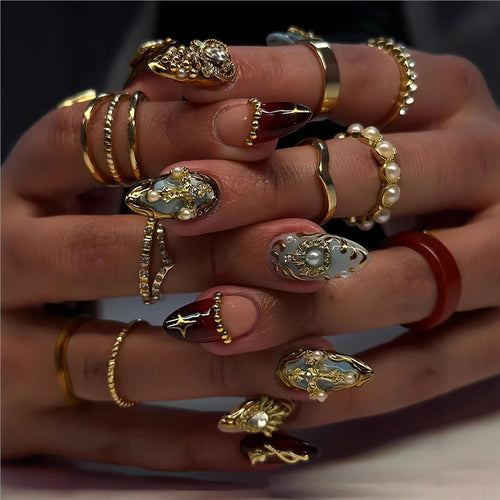 Artistic Decorative Press-On Nail Set with Gemstone and Pearl Accents Bowlift