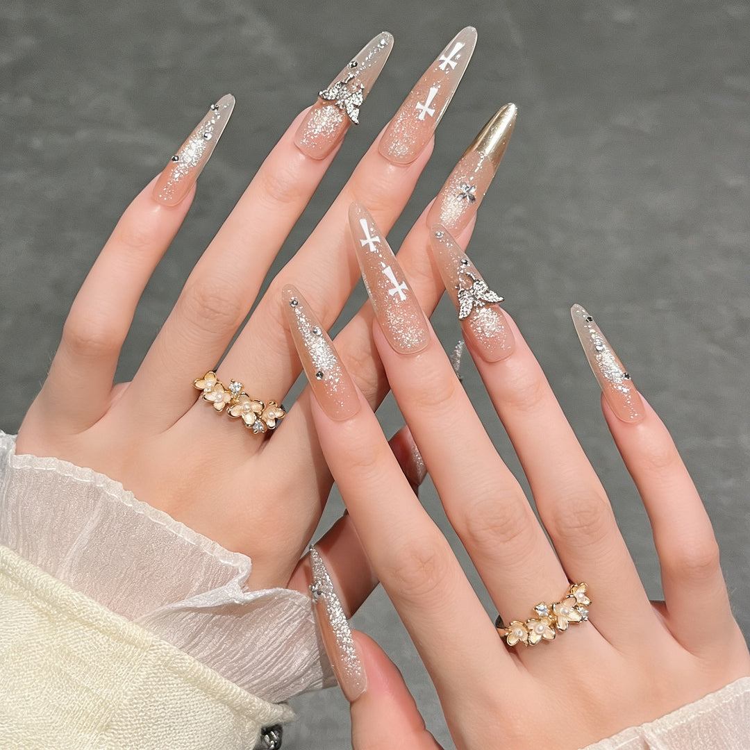 Elegant Stiletto Press-On Nail Extensions with Gem Accents Bowlift