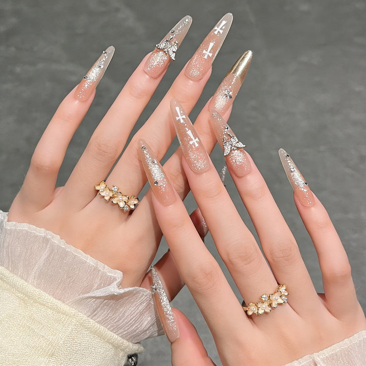 Elegant Stiletto Press-On Nail Extensions with Gem Accents Bowlift