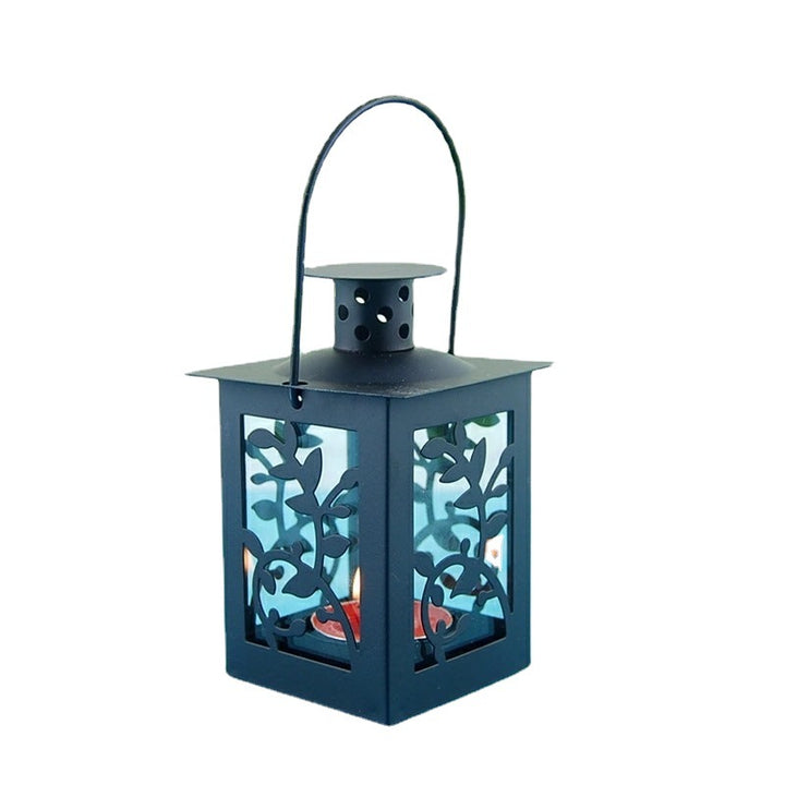 Decorative Metal Tealight Lantern Set with Filigree Leaf Cutouts and Carry Handle Bowlift