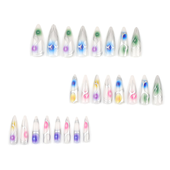 Artful stiletto nails with transparent design and colorful accents Bowlift