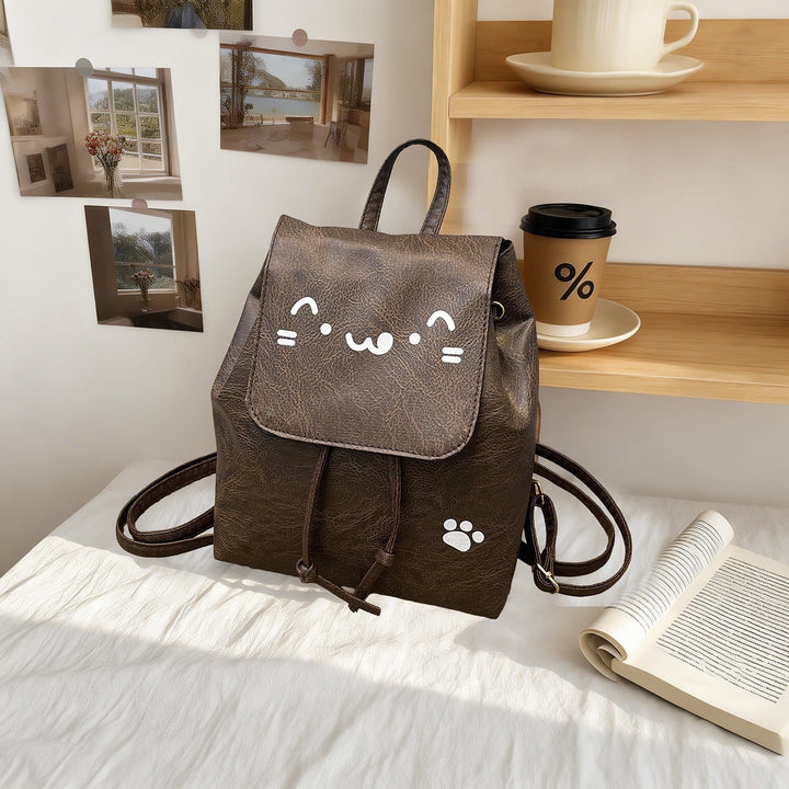 Cute Cat-Themed Faux Leather Backpack Bowlift