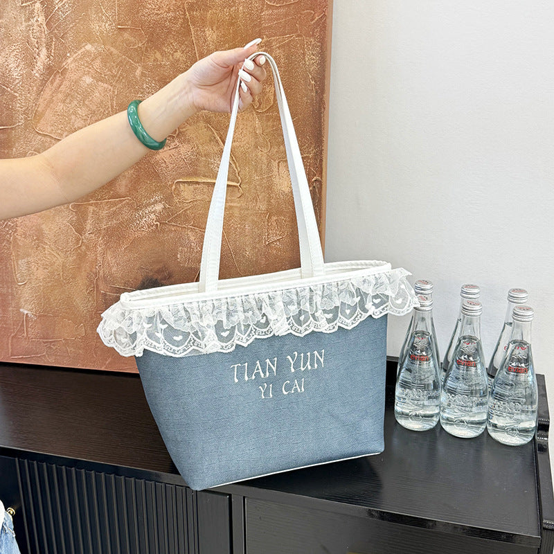 Elegant Lace-Trimmed Canvas Tote Bag Bowlift