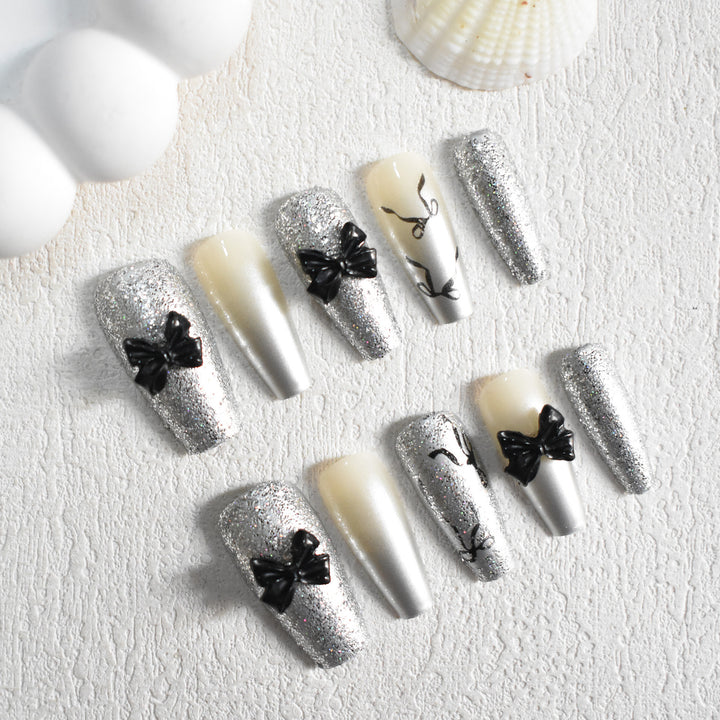 Glittery Bow-Accent Press-On Nail Set Bowlift