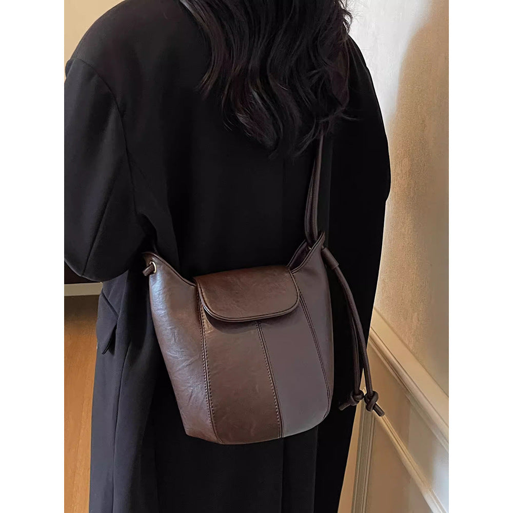Vintage-Inspired Leather Drawstring Bucket Bag Bowlift
