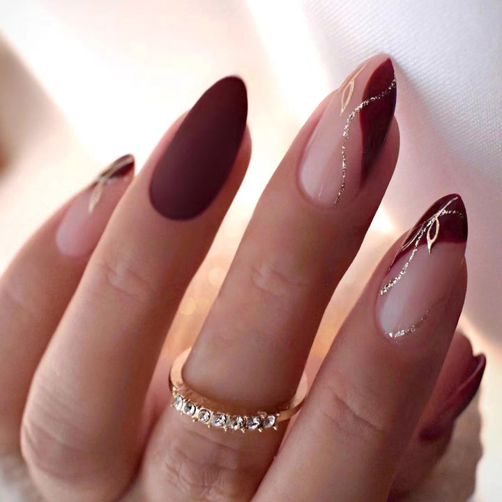 Elegant Matte and Glossy Almond-Shaped Press-On Nail Extensions Bowlift