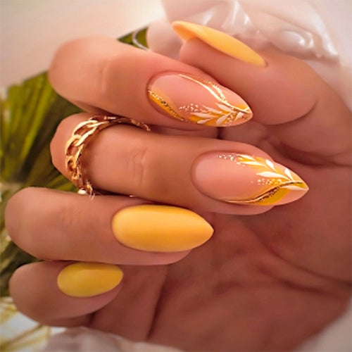 Premium Artistic Press-On Nail Set with Floral and Metallic Accents Bowlift