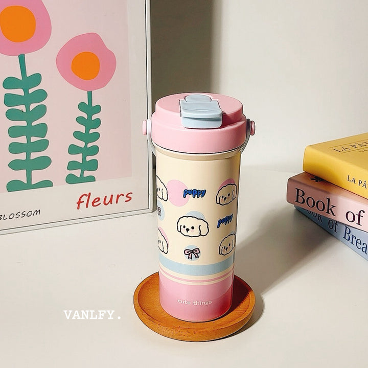 Women's insulated drinking cup with secure flip lid and cute dog design Bowlift