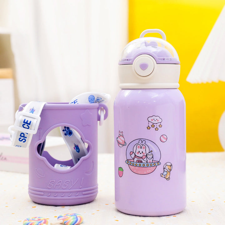 Insulated drinking bottle with cute animal design and flexible carrying strap Bowlift