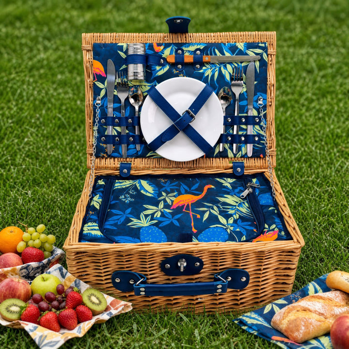 Ladies luxurious picnic basket with integrated crockery set and insulated cooler compartment Bowlift
