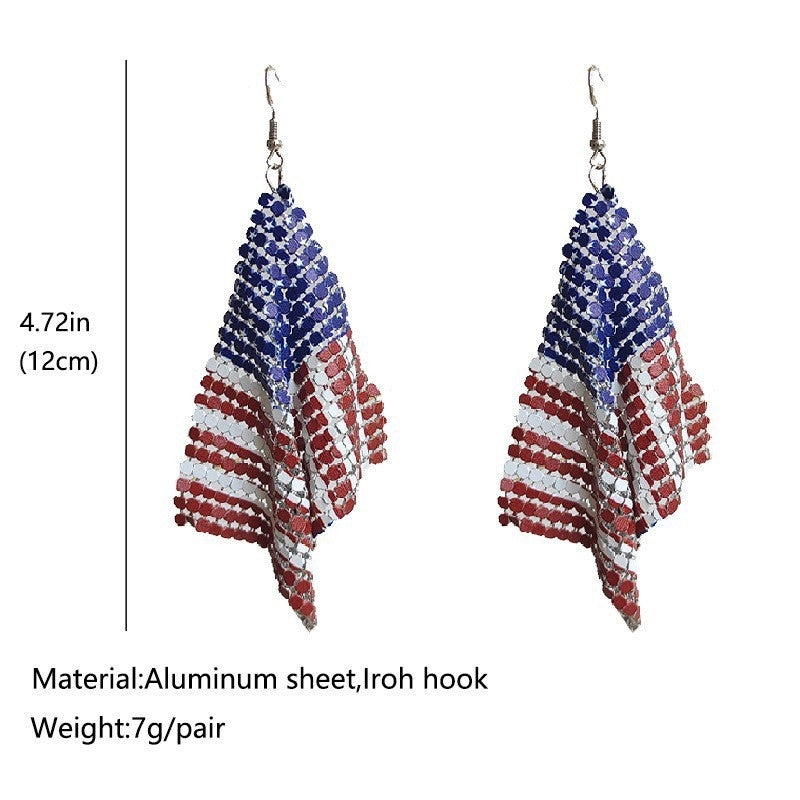 Ladies' long crystal mesh earrings with flag pattern and fishhook clasp Bowlift