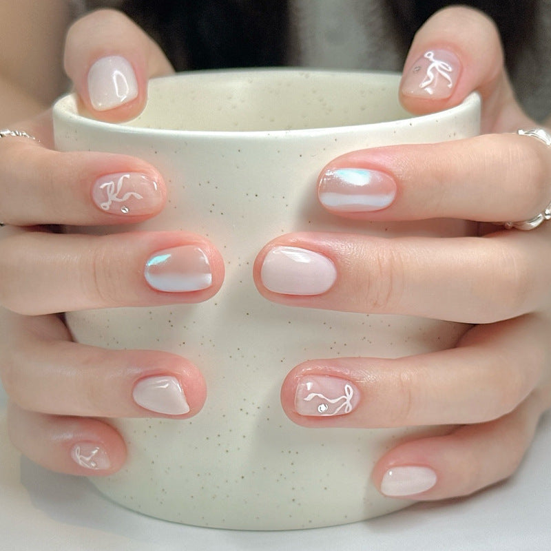 Elegant Press-On Nail Set with Artistic Line Art Designs Bowlift
