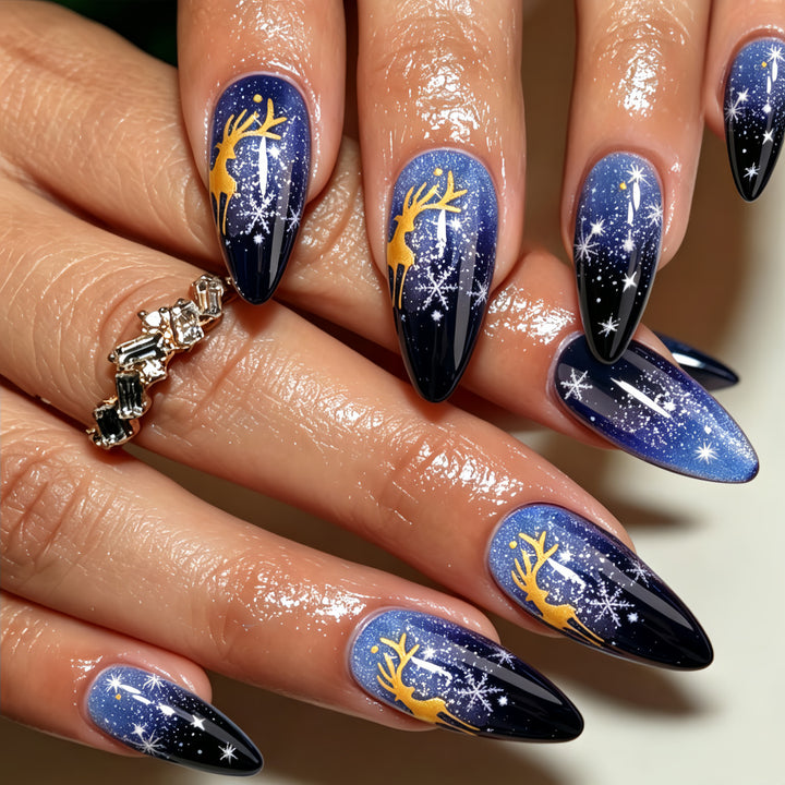 Artificial Nails in Elegant Winter Design with Sparkling Accents Bowlift