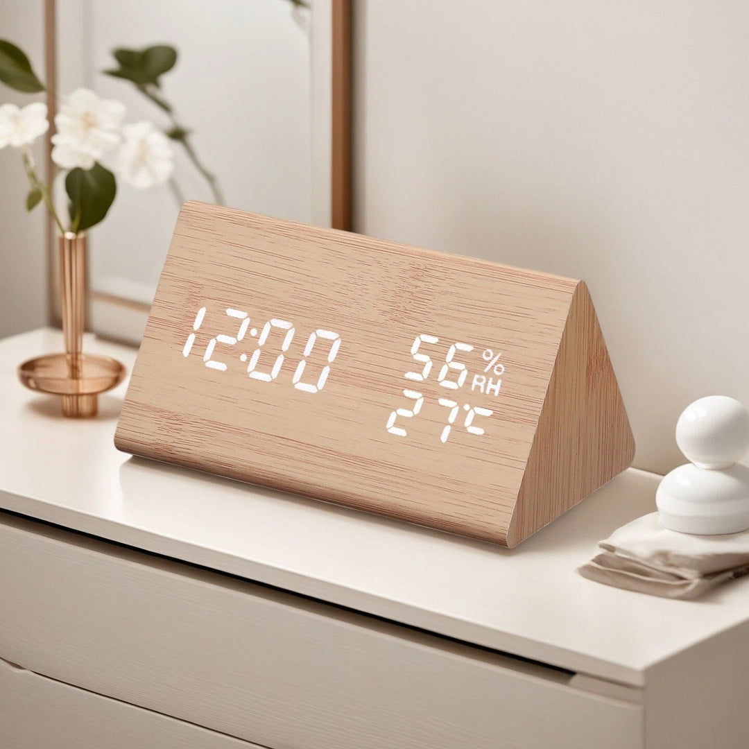 Modern Wooden LED Digital Alarm Clock with Temperature Humidity Display and Touch Controls Bowlift
