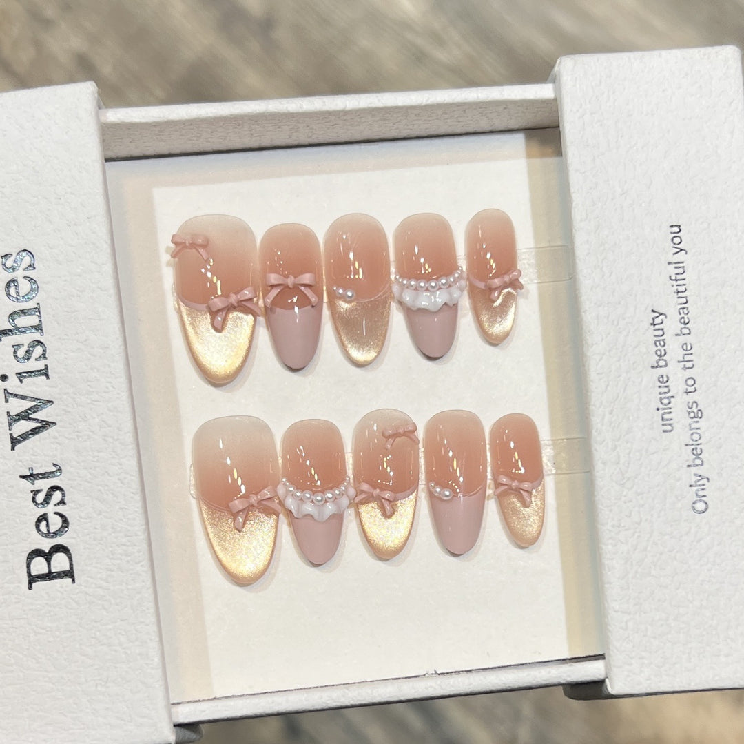 Elegant Press-On Nail Art Set with Pearl and Bow Accents Bowlift