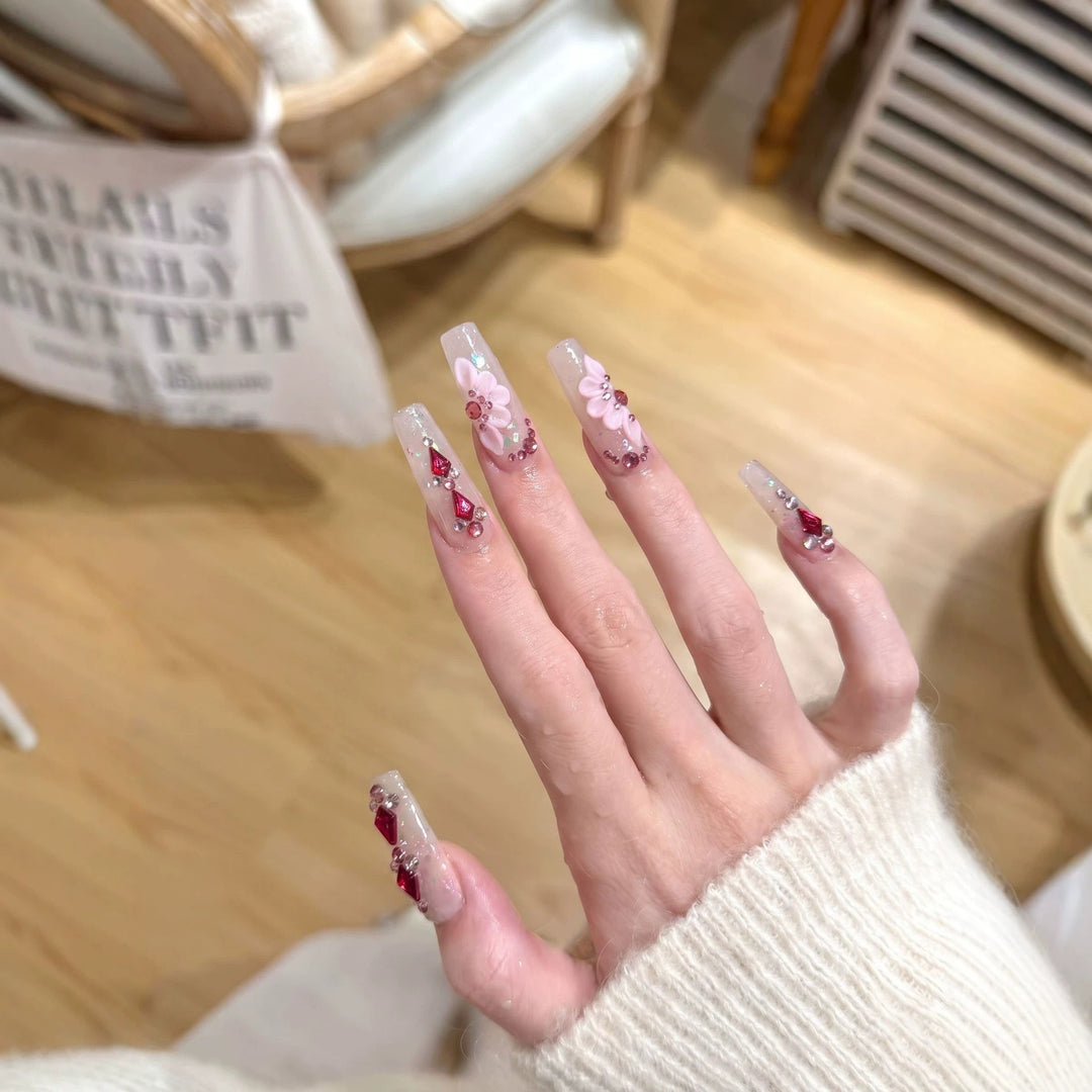 Floral-Themed Press-On Nail Set with Gemstone Accents Bowlift