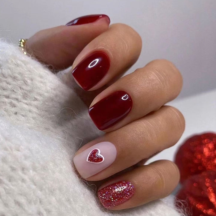 Heart-Embellished Glitter Press-On Nails Bowlift