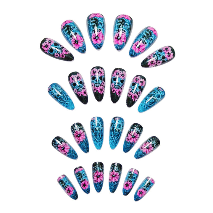 Artificial nails with Lifelike Skull Design and Floral Accents Bowlift
