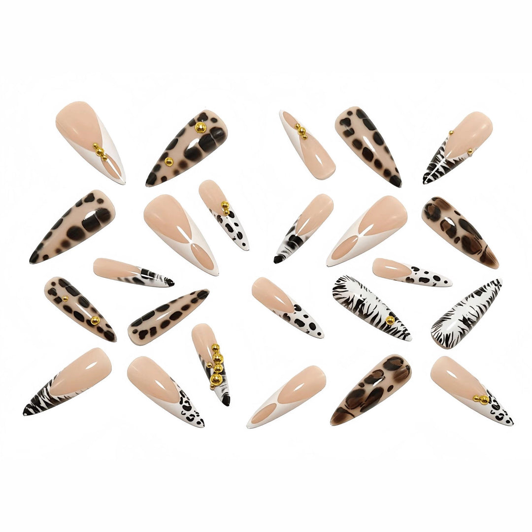 Stiletto fake nails with animal pattern and gold accents Bowlift