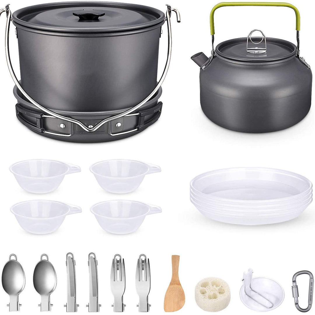 ultralight anodized aluminum camping cookware set with folding-handle kettle nesting pot and compact utensil kit Bowlift