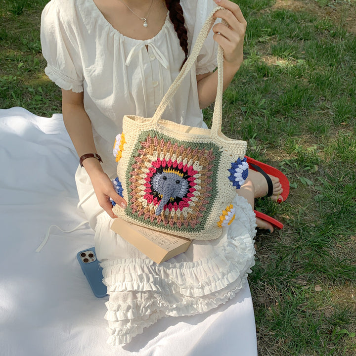 Handmade macrame shoulder bag with elephant design Bowlift
