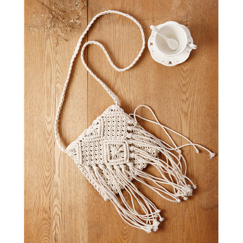 Macrame Shoulder Bag with Elegant Fringe Finish Bowlift