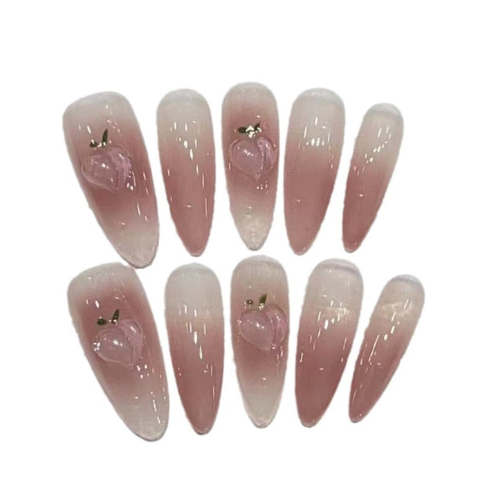 Elegant Press-On Almond Nail Set with Heart Detail Bowlift