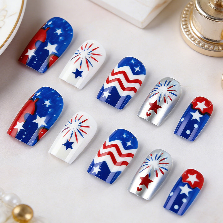 Women's nan patriotic acrylic press on nails set with coffin shape and firework star decals Bowlift