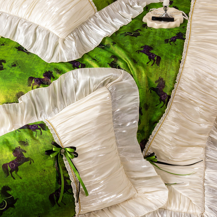 Luxury Ruffled Satin Bedspread and Horse-Print Comforter Set