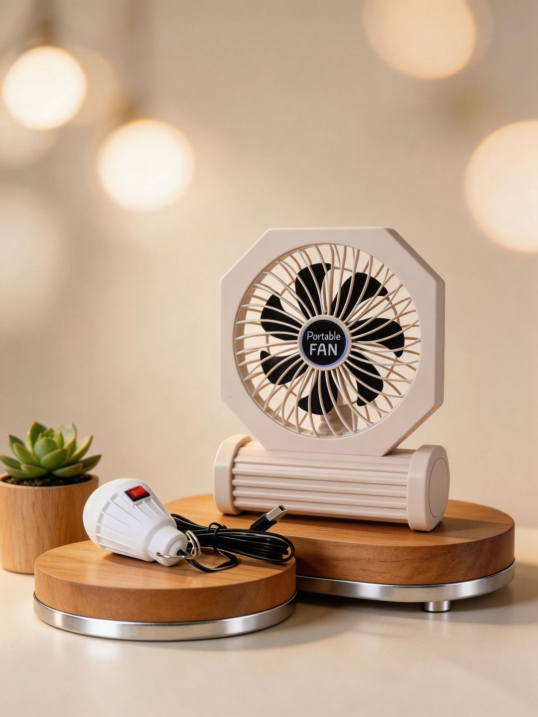 Ladies Portable Table Fan with USB Connection and an Elegant Wooden Base Bowlift