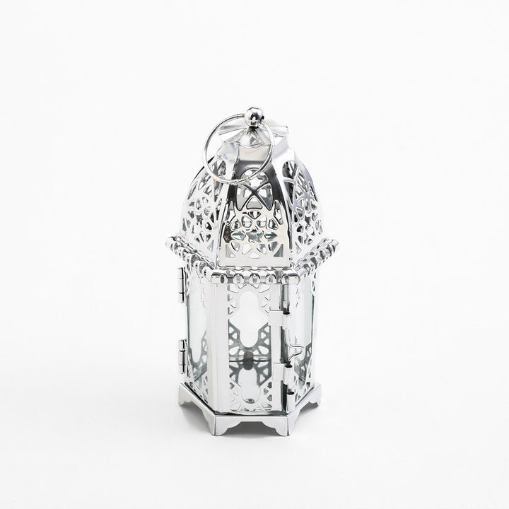 Intricate Cutwork Metal Tealight Lantern with Hinged Glass Panels Bowlift