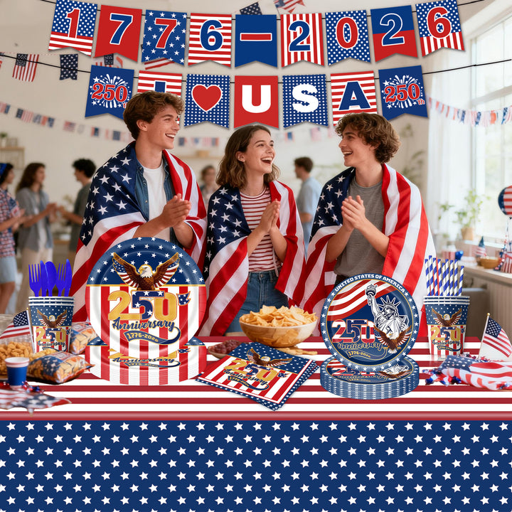 Unisex nan Patriotic Anniversary Disposable Tableware Party Kit with Stars Stripes Plates Cups Napkins Cutlery Banner Bowlift