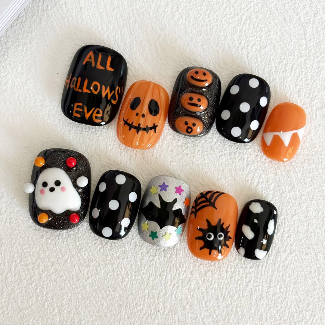 Themed Press-On Nail Set Featuring Halloween Motifs Bowlift