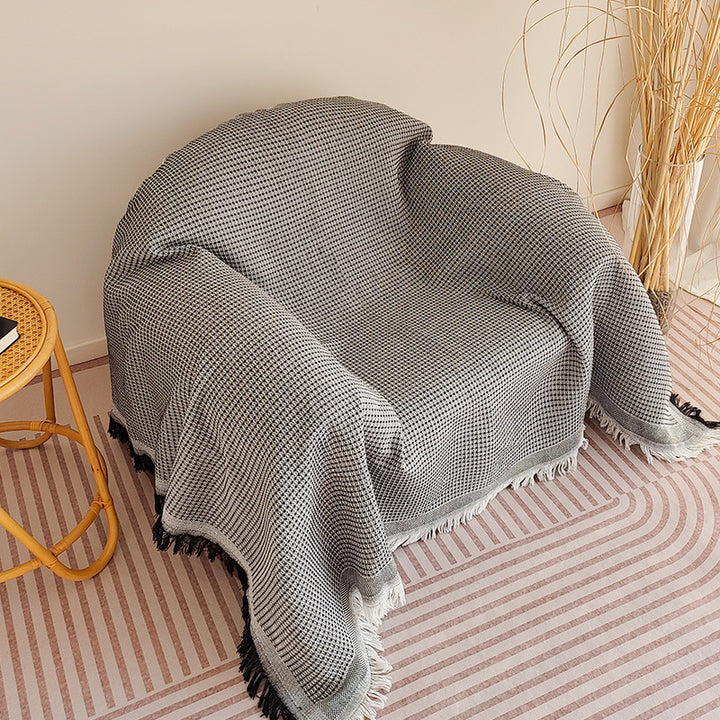 Waffle-Weave Fringed Throw Blanket Bowlift
