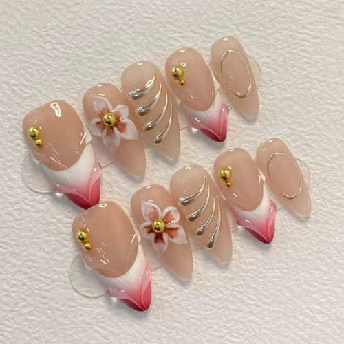 Elegant Floral and Gold Accent Press-On Nail Set Bowlift