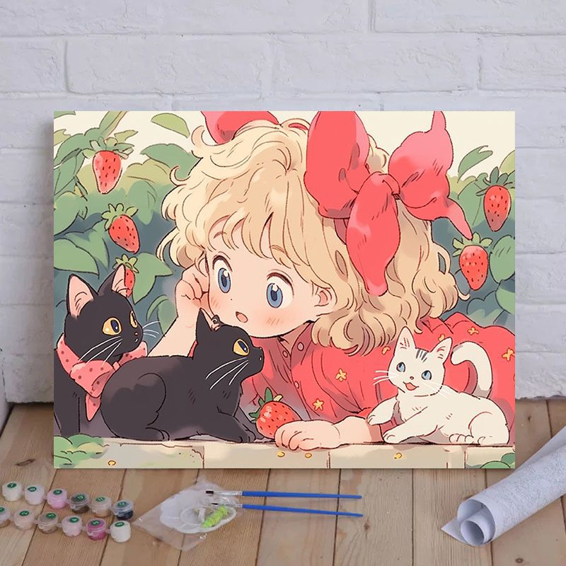 Cartoon Cat and Girl Themed Canvas Paint by Numbers Art Kit Bowlift